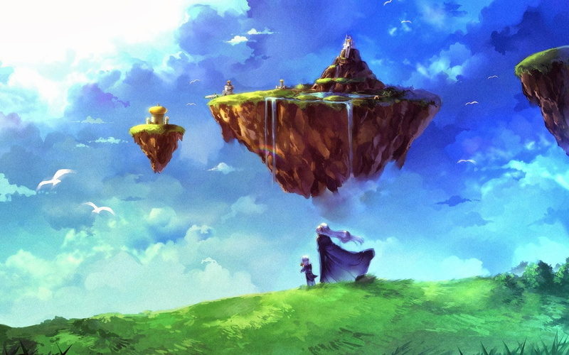 video games, day, men, sky, lifestyles, outdoors, group of people, people, floating island, cloud - sky, nature, sea, fantasy art, leisure activity, Chrono Trigger