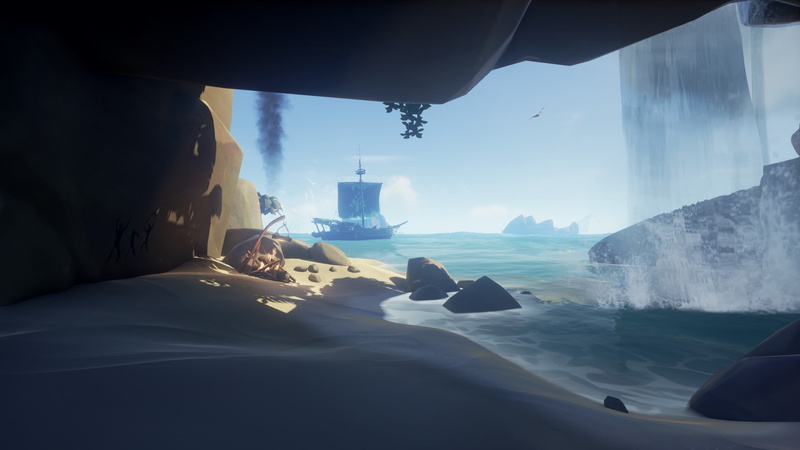 Sea of Thieves, water, boat, cave, beach, screen shot, calm, waterfall, campfire, 2K