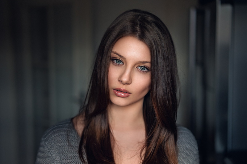 portrait, girl, model, blue-eyed, lips, 1080P, germany, Isabell, hair, Martin Kuhn, beauty, neck, face, brunette, bokeh