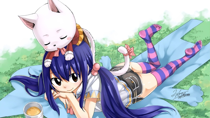 Smile, Tail, Anime, grass, Shorts, disguise, Brown Eyes, child, real people, 1080P, Lying Down, haired, day, Blue Hair, Girl, blue, mammal, one person