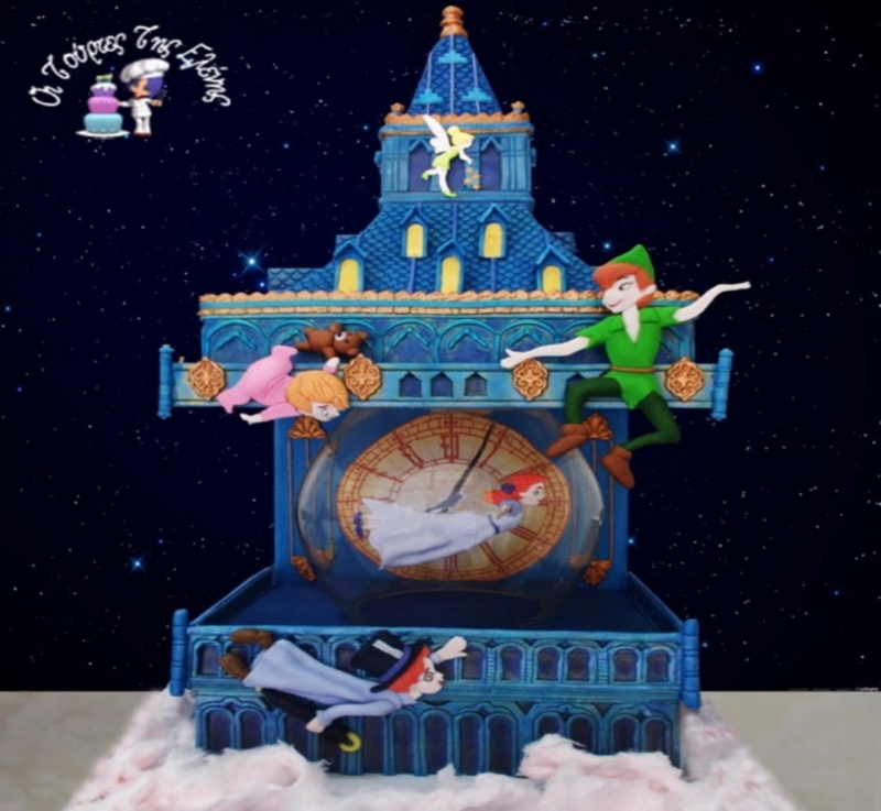 sky, clock tower, night, building exterior, nature, Peter Pan Cake, no people, tower, human representation, art and craft, outdoors, building, multi colored
