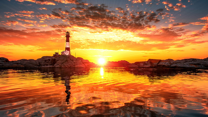 stones, sunset, ocean, hd, clouds, nature, lighthouse, 2K, sunlight, rocks