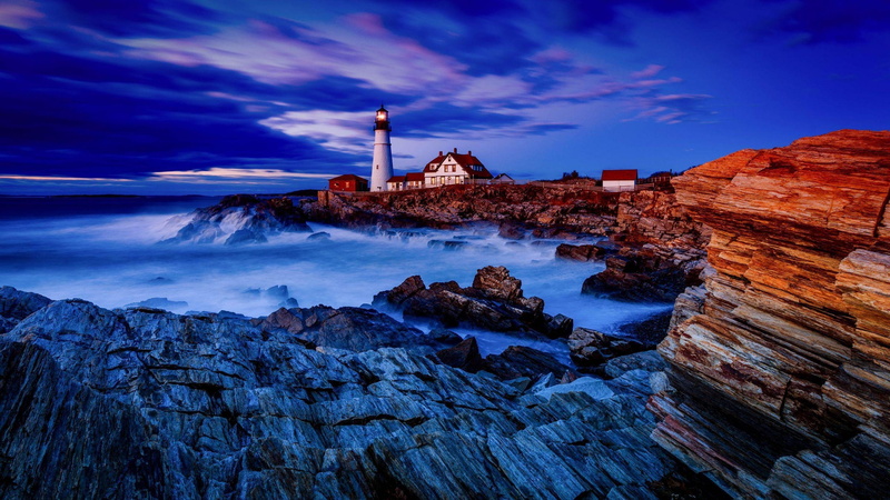 sky, ocean, shore, 4K, rocks, coast, lighthouse, evening