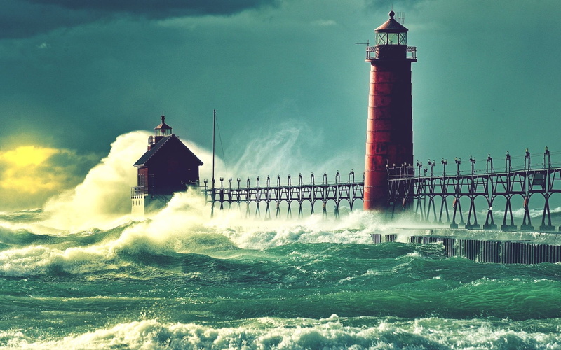 sky, building exterior, cloud - sky, power in nature, red, guidance, water, sea, outdoors, lighthouse, Michigan, body, waterfront, building, power, breaking