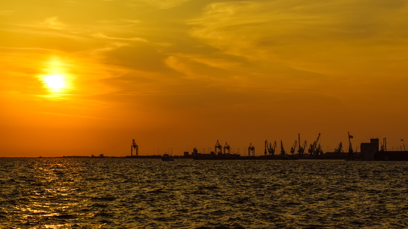 transportation, no people, waterfront, shadows, water, crane - construction machinery, sunlight, scenics - nature, nautical vessel, industry, greece, sunset