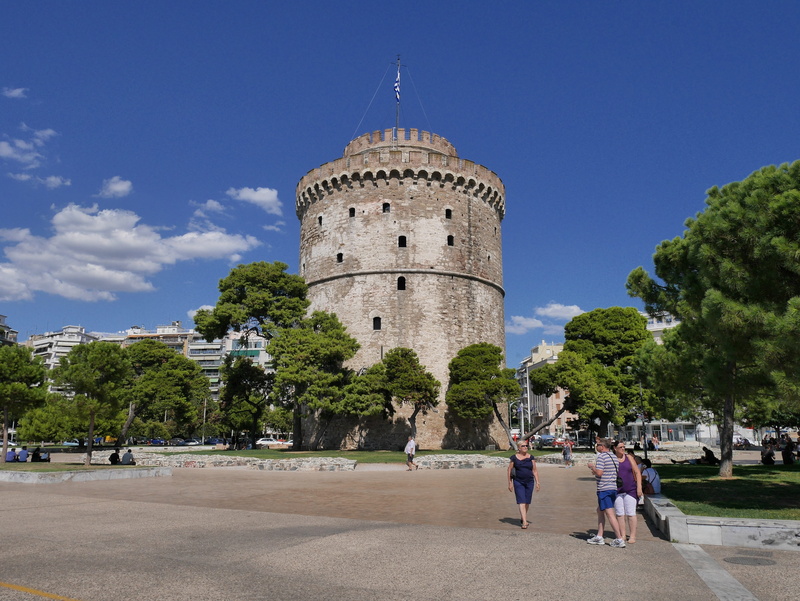 architecture, building, plant, white tower, 4K, tourism, history, greece, tower, travel, cloud - sky, the past, sky, group of people, travel destinations