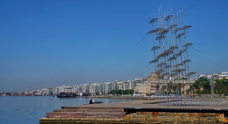 umbrella, water, greece, thessaloniki, city, architecture, habor, harbour, view, travel destinations, clear sky, building, sea view, building exterior