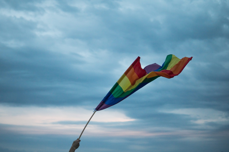 gay, 5K, emblem, green color, blue, overcast, national icon, thessaloniki, raising, pole, rainbow flag, multi colored, variation, cloud - sky, person