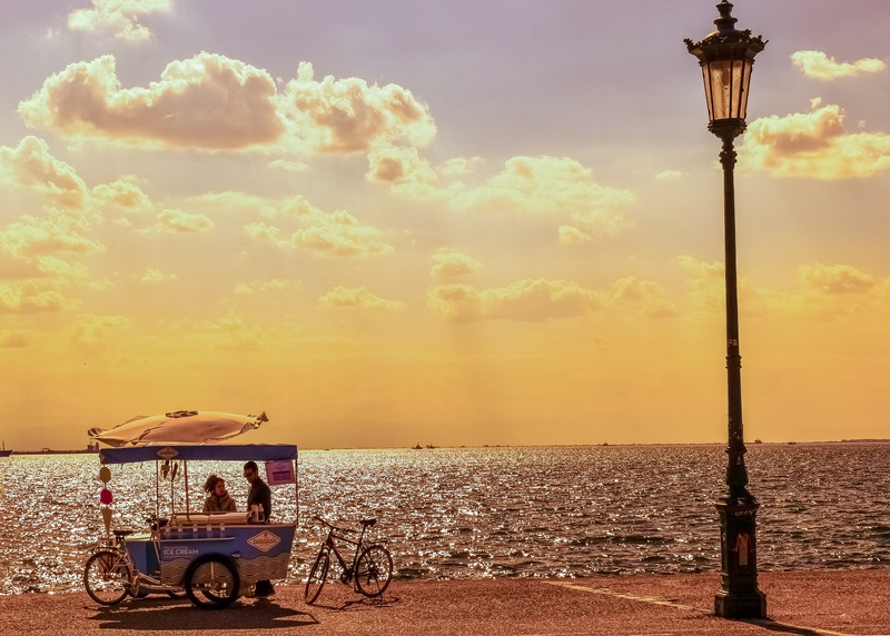4K, sunset, sea, men, horizon, transportation, cloud - sky, orange color, scenics - nature, nature, sky, beauty in nature, street light, greece, water
