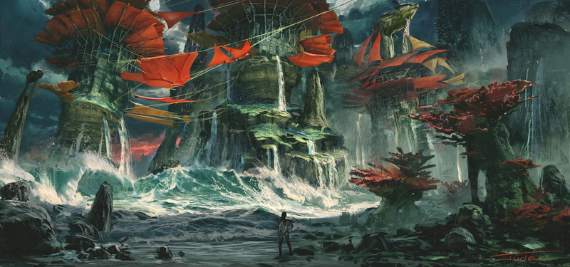 rocks, sea, artwork, 5K, waves, storm, digital art, drawing, digital, Jude Smith