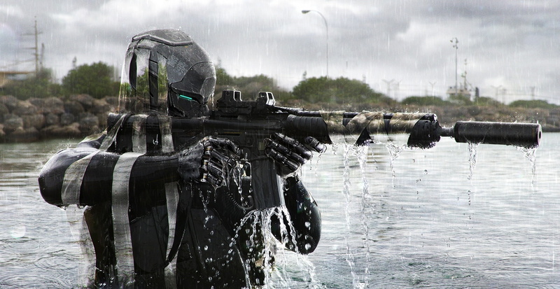 artwork, gun, suppressors, soldier, 1080P, AR-15, futuristic
