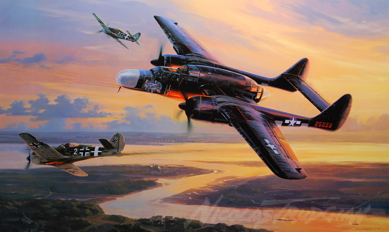 painting, aerial view, plane, motion, P-61 Black Widow, Fighter, transportation, 1080P, airplane, military, drone, air vehicle, mid-air, sunset, air force
