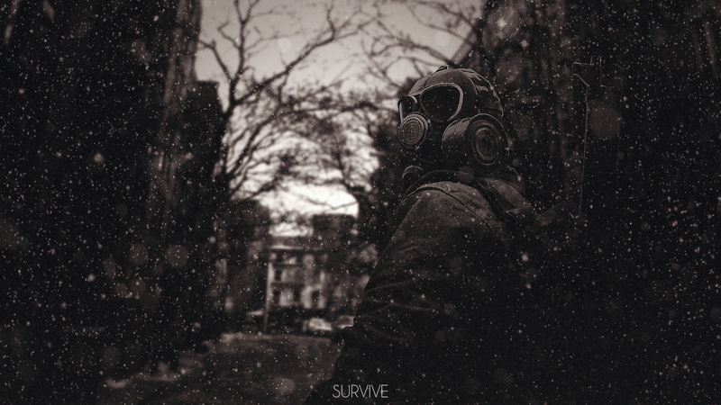 architecture, focus on foreground, the past, apocalyptic, survival, old, window, snowing, 1080P, day, history, tree, gas masks, selective focus, building