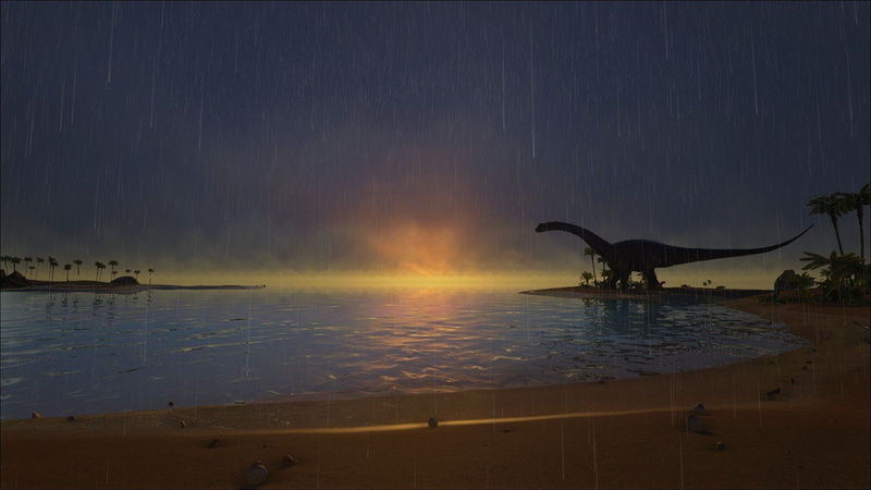 Beach, Argentinosaurus, 1080P, ARK: Survival Evolved, Sunset, Dinosaur, Lake, Video Game