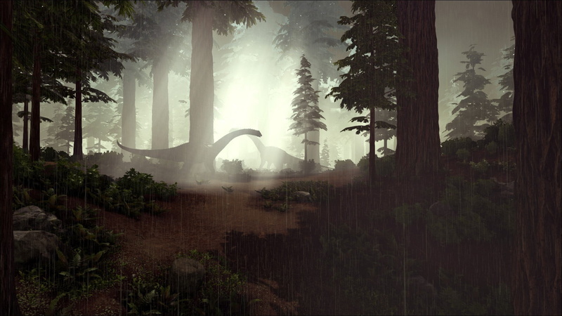 nature, trees, dinosaurs, forest, mist, prehistoric, video games, Ark: Survival Evolved, rain, Video Game Art, 1080P