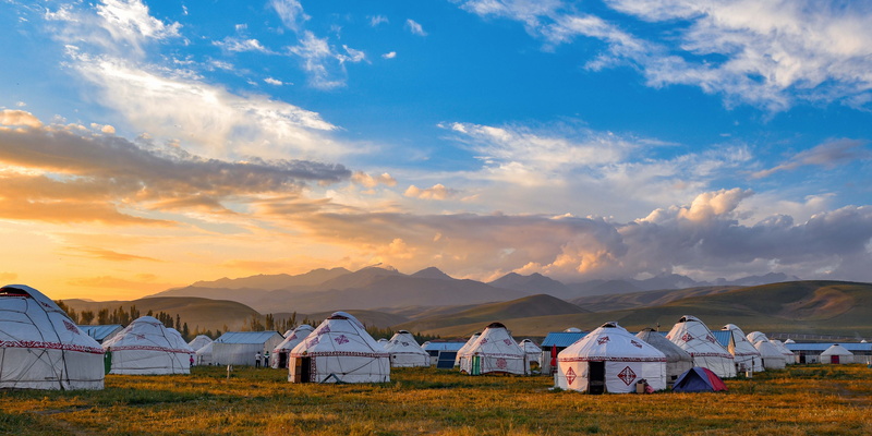 environment, pot, grassland, mountain, dutch oven, landscape, no people, ger, circus, xinjiang, mongolian yurt, nature, bird, sky, scenics - nature, mountain tent