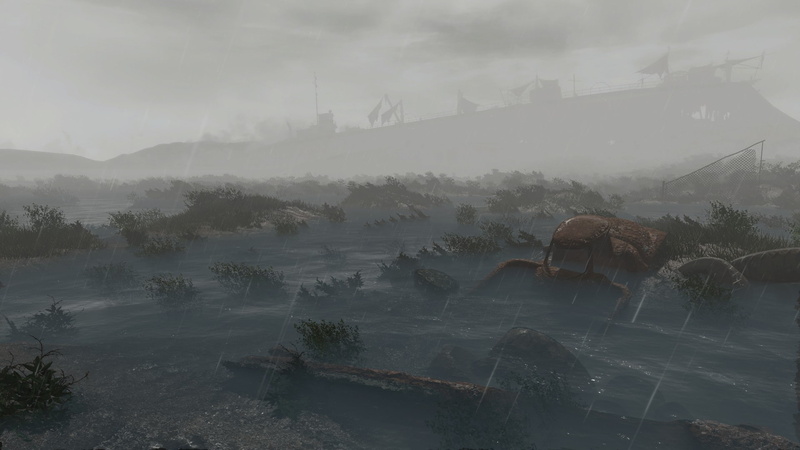 Game Mod, hazy, tranquil scene, sky, mountain, non-urban scene, environment, tree, water, Fallout 4, plant, tranquility, rain, 1080P, scenics - nature