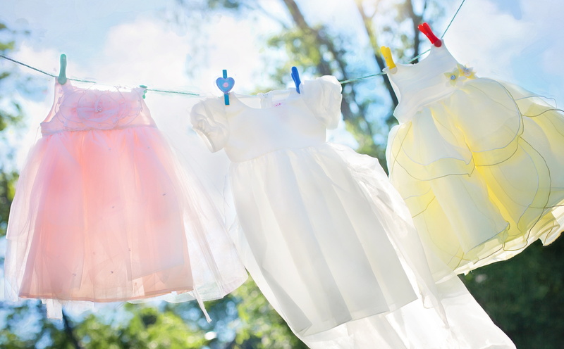 clothesline, Outdoors, wash, low angle view, nature, day, Girl, line, textile, Clean, littlegirldresses, hanging, Wind, Dresses, focus on foreground, Clothing