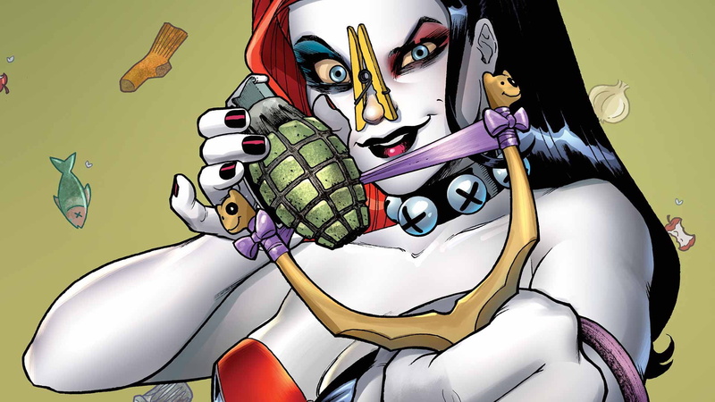 DC Comics, girl, superhero, Harley Quinn, comics, fantasy art, blue eyes, clothespin, artwork, Harleen Frances Quinzel, hand grenade, 1080P, fantasy, slingshot