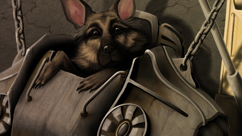Power Armor (Fallout), Dogmeat (Fallout), animal body part, domestic, 1080P, canine, dog, looking, people, Fallout 4, looking at camera, vertebrate, relaxation