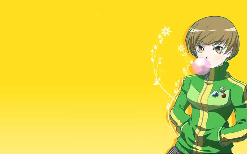 Persona series, copy space, costume, celebration, childhood, fun, winter, one person, Satonaka Chie, yellow, 720P, studio shot, cold temperature, colored background