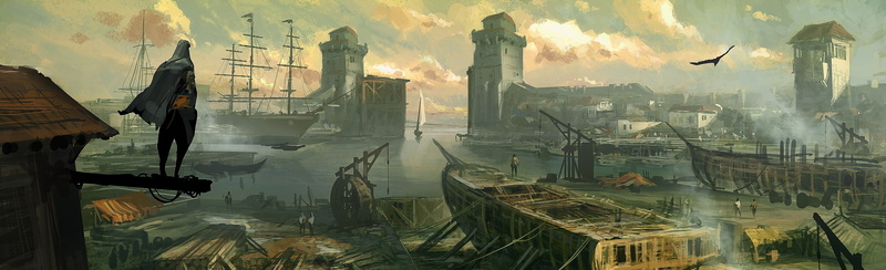 sky, Assassins Creed, air pollution, building exterior, smoke - physical structure, s, water, industry, assassins creed revelations, architecture, assassins creed revelations concept art
