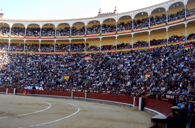 group of people, spain, flag, animal, torero, perform, entertainment, bullring, festival, sport, performance, crowd, bleachers, popular, spanish, fighter