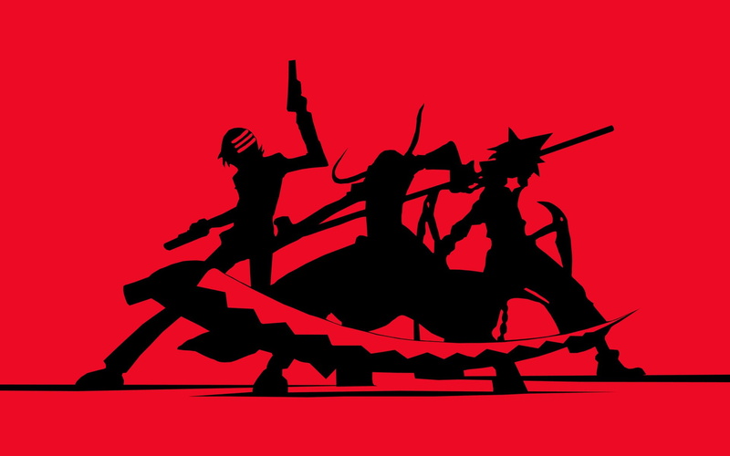 silhouette, Maka Albarn, Death The Kid, 1080P, scythe, Soul Eater, red background