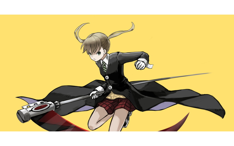 auto post production filter, women, colored background, standing, front view, Soul Eater, blond hair, anime girls, transfer print, yellow, Soul Evans, full length