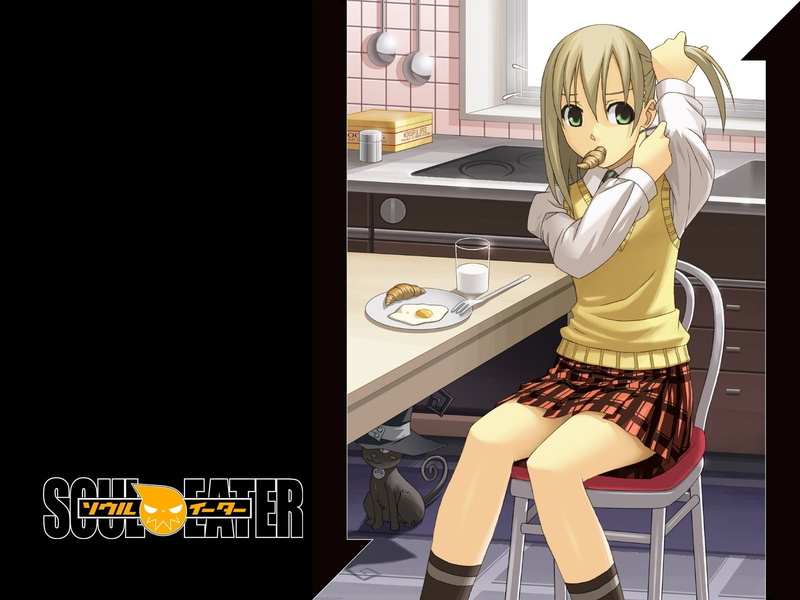 chair, real people, anime girls, Maka Albarn, anime, 720P, food, full length, glasses, eggs, seat, front view, one person, young adult, casual clothing