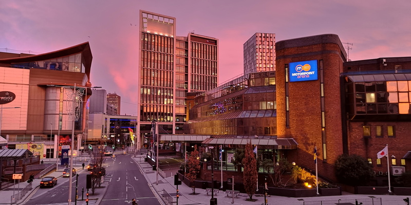 nature, built structure, incidental people, 2K, skyscraper, dusk, illuminated, street, cardiff, city, sky, building exterior, modern, business, architecture