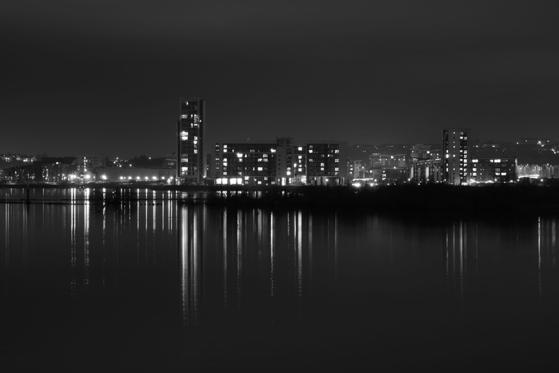 long exposure, residential district, monochrome, skyscraper, built structure, united kingdom, building exterior, reflection, illuminated, outdoors, nature