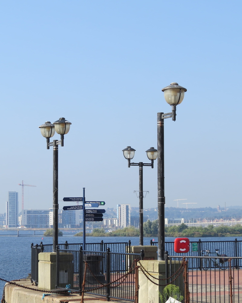 water, cardiff bay, no people, railing, seascape, sky, building exterior, cardiff, outdoors, coin operated, architecture, day, street light, nature, built structure