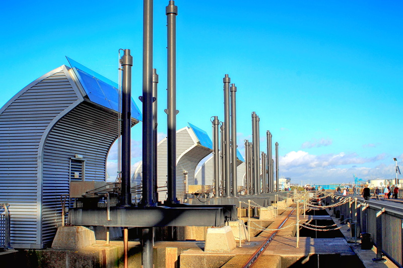 transportation, sunlight, building, industry, travel destinations, 4K, engineering, gate, modern, barrage, water, blue, building exterior, cardiff, landmark