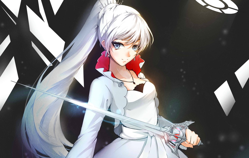 anime, hairstyle, leisure activity, indoors, real people, females, Weiss Schnee, long hair, beauty, young adult, sword, white hair, one person, RWBY, front view
