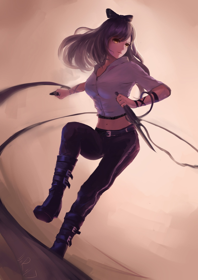 motion, women, beauty, long hair, anime, portrait, beautiful people, purple hair, young adult, knife, yellow eyes, fashion, one person, jumping, hair, looking at camera