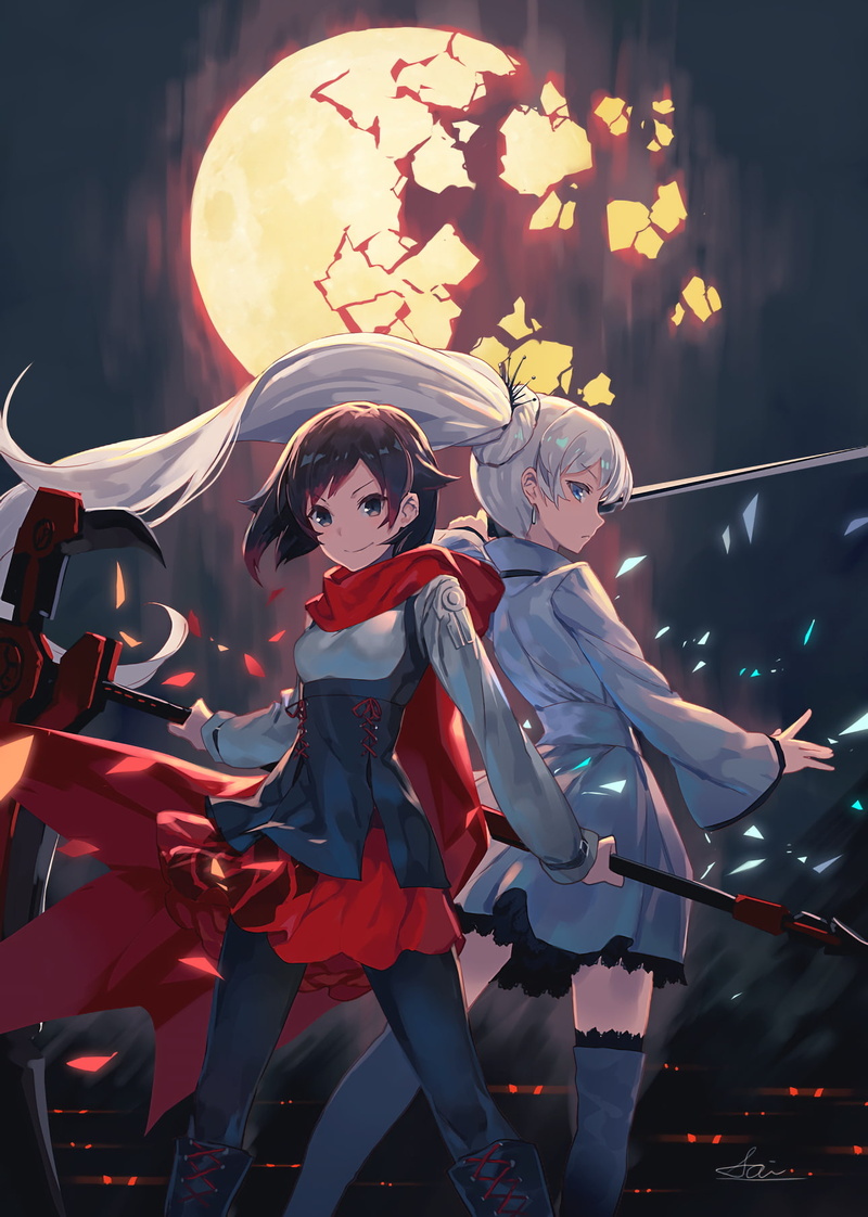 720P, Moon, anime girls, short hair, brunette, anime, RWBY, gray hair, stockings, long hair, weapon