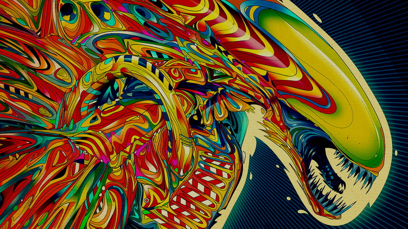 textile, graphics, green, monster, 1080P, art and craft, Alien (movie), Xenomorph, pattern, day, art, vibrant color, multi colored, creativity, amusement park