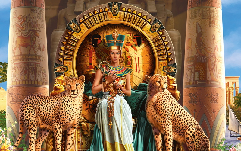 color, dynasty, dress, egypt, throne, fantasy, 1080P, Cheetah, cats, Ancient, spots, Cleopatra, Queen, Vii, jewelry, detail, buildings, gold, women, architecture