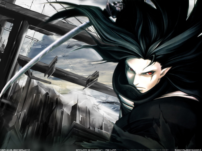 samurai, hair, sword, eyes, red, 720P, showdown, weapon, black