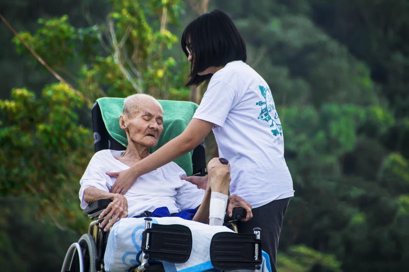 nursing, illness, disability, patient, two people, old, sitting, males, women, elderly, men, adult, wheelchair, mature men, girl, pain, grandfather, 4K