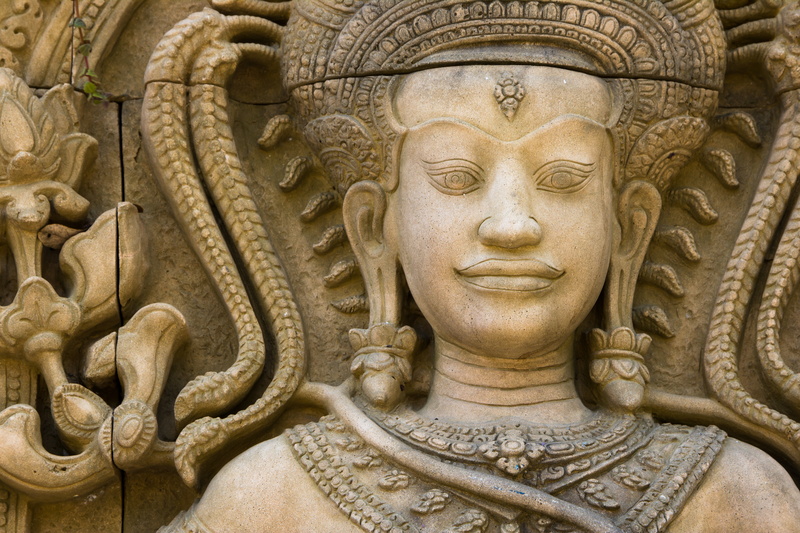 solid, outdoors, asian, culture, day, ornate, architecture, meditation, representation, belief, sculpture, stone, ancient history, face, no people, wall