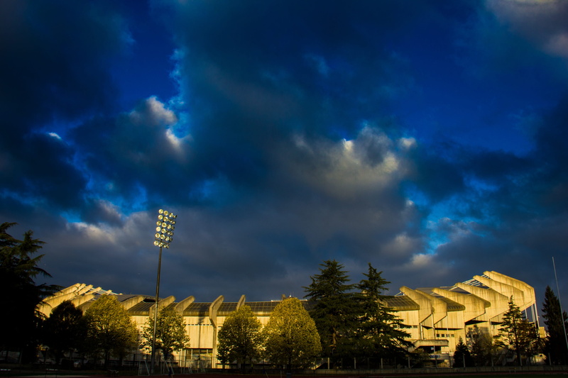 Stadium, low angle view, san sebastian, tree, estadio anoeta, no people, history, cloud - sky, sky, blue, beauty in nature, building exterior, place of worship