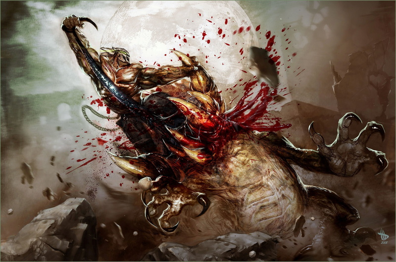 battle, 2K, fantasy, sword, blood, weapons, horror, monster, art, dark, gore, warrior