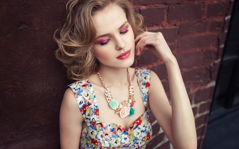 contemplation, Alena Emelyanova, brick, young adult, blonde, lipstick, blond hair, fashion, dress, beautiful woman, floral pattern, beauty, portrait, one person