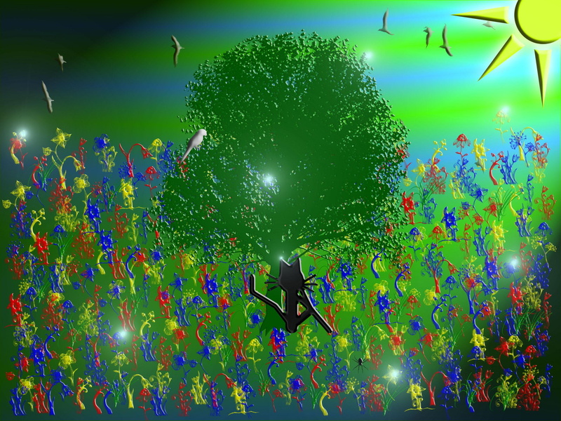 2K, tree, cat, animals, kittycat, windows, pets, meadow, flowers, cats