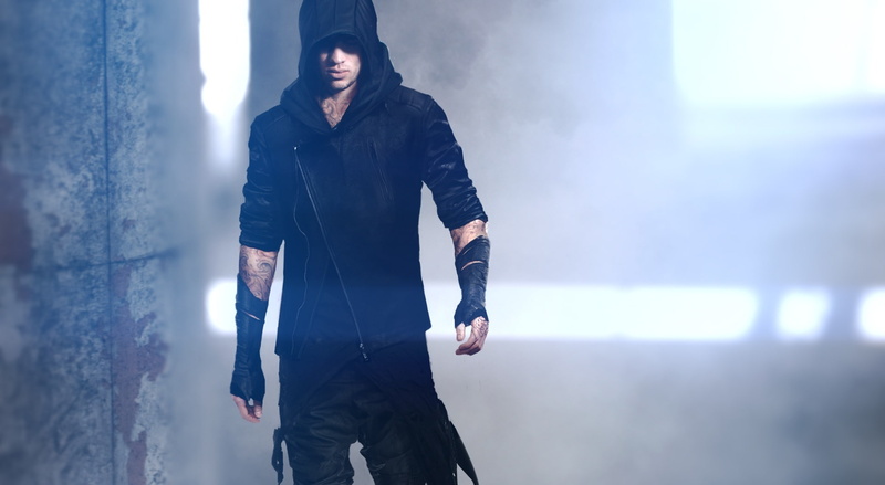 pullover, lifestyles, three quarter length, Futuristic, focus on foreground, casual clothing, Fighter, one person, black color, adult, wall - building feature