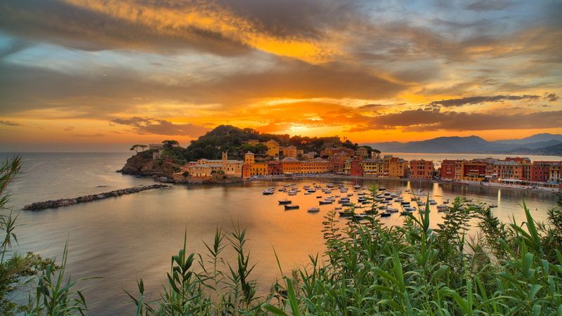 Italy, home, Sestri Levante, sea, boats, grass, Bay of Silence, sunset, Bay, 4K, Liguria, building