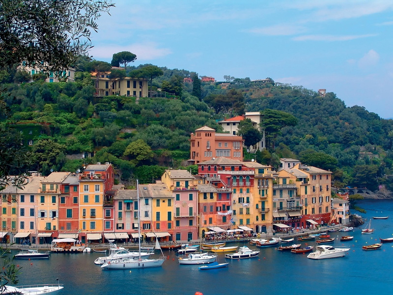 buildings, view, italy, trees, 2K, lovely, beautiful, architecture, peacefu, portofino, house, sailboats