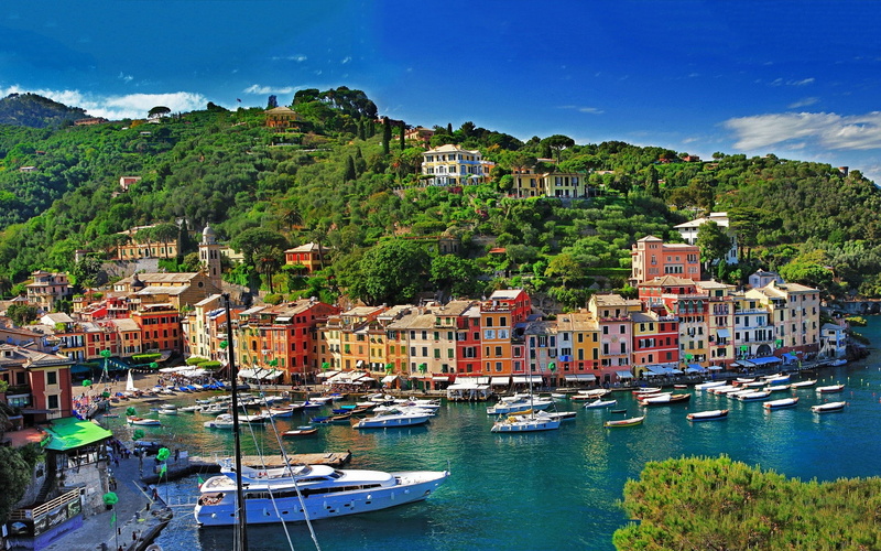 city, sky, Italy, travel, boat, colorful, architecture, bay, forest, Portofino, outdoors, sea, no people, nautical vessel, travel destinations, landscape